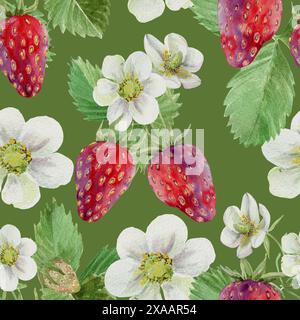 Reife Erdbeeren mit Blumen und Laub, nahtloses Muster auf grünem Hintergrund, gezeichnet Stockfoto