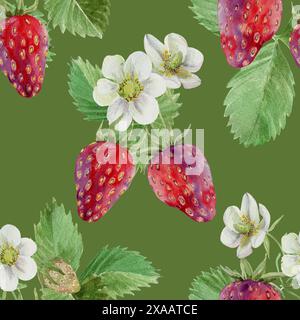Erdbeeren mit Blumen und Laub, nahtloses Muster auf grünem Hintergrund, gezeichnet in Aquarell Stockfoto