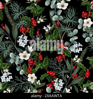 Botanisches nahtloses Muster mit Weihnachtsblumen und -Elementen. Vektor. Stock Vektor