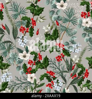 Botanisches nahtloses Muster mit Weihnachtsblumen und -Elementen. Vektor. Stock Vektor
