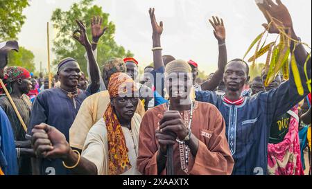 Einheimische tanzen bei einer traditionellen Dinka-Hochzeit, Bor, Zentralregion, Südsudan, Afrika Stockfoto