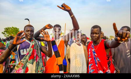 Einheimische tanzen bei einer traditionellen Dinka-Hochzeit, Bor, Zentralregion, Südsudan, Afrika Stockfoto