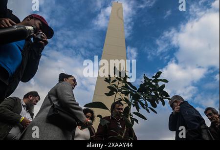 Buenos Aires, Argentinien. Januar 2021. Mate-Tee-Bauern protestieren vor dem Obelisk gegen Maßnahmen der ultraliberalen Regierung von Präsident Milei, die den Import von Mate-Tee aus anderen Ländern genehmigt. Quelle: Fernando Gens/dpa/Alamy Live News Stockfoto