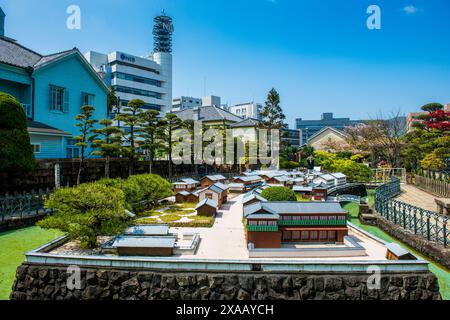 Miniaturmodell von Dejima, einer künstlichen Insel im Hafen von Nagasaki, Kyushu, Japan, Asien Stockfoto