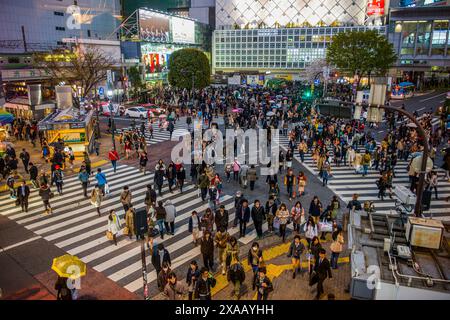 Menschen, die die geschäftigste Straßenüberquerung überqueren, Shibuya-Kreuzung, Tokio, Honshu, Japan, Asien Stockfoto