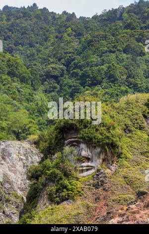 Großes geschnitztes Gesicht in Bukit Kasih, einem vulkanischen Touristenpark mit Fumarole-Feldern, einem Weltfriedenturm, Bukit Kasih, Minahasa Stockfoto