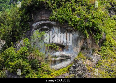 Großes geschnitztes Gesicht in Bukit Kasih, einem vulkanischen Touristenpark mit Fumarole-Feldern, einem Weltfriedenturm, Bukit Kasih, Minahasa Stockfoto