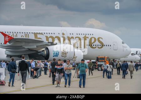 Emirates Airbus A380, ILA 2024, Internationale Luft- und Raumfahrtausstellung Berlin, Schönefeld, Brandenburg, Deutschland *** Emirates Airbus A380, ILA 2024, Internationale Luft- und Raumfahrtausstellung Berlin, Schönefeld, Brandenburg, Deutschland Stockfoto