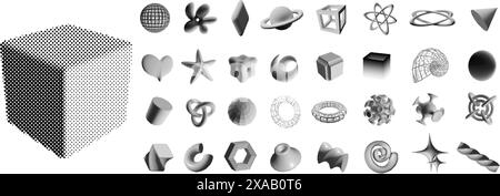 3D-Halbton-Formen. Geometrische Figuren und abstrakte Formen mit Halbtonschattierung gepunktete Verlaufsmuster. Isolierter Vektorsatz Stock Vektor