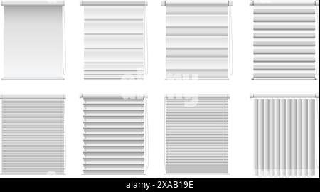 Realistische Fensterjalousien und Sonnenschirme. Fensterverkleidungen Set von Rollern, venezianischen und vertikalen Jalousien, römische und Plisseetöne isolierten Vektor Stock Vektor