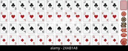 Pixel Art Poker. Gepixelte 8-Bit-Kartendeck-Symbole mit Clubs, Diamanten, Herzen und Pik passen zu Symbolen und Poker-Chips im Retro-Videospiel Stock Vektor