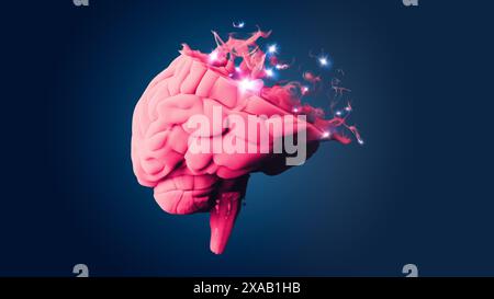 Gehirn von der Seite gesehen. Degenerative Erkrankungen. Degenerative Erkrankungen des Gehirns, Parkinson, Synapsen, Neuronen, Alzheimer, Krankheit, Konzept. 3D-Rendering Stockfoto