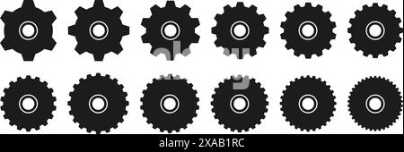 Flache Schablonenräder. Symbole für Zahnradeinstellungen, mechanisches Zahnrad, laufende Arbeit oder Konstruktionsvektor gesetzt. Stock Vektor