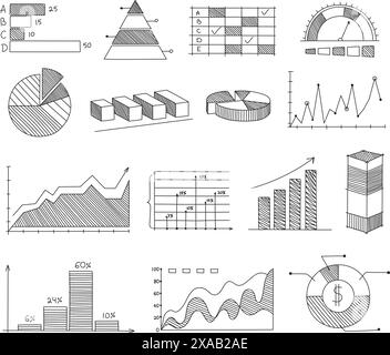 Handgezeichnete Diagramme und Diagramme. Skizzieren von Business-Infografik-Elementen, Balken- und Tortendiagrammen, Liniendiagrammen und Diagrammvektorsätzen. Stock Vektor