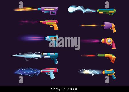 Futuristische Shooting Blaster. Laserpistolen, außerirdische Waffen mit leuchtenden Schlageffekten, Blitzstrahl und Plasmaexplosion. Isolierter Vektorsatz. Stock Vektor