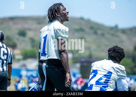 Los Angeles Rams Defensive Back Derion Kendrick (1) während organisierter Teamaktivitäten an der Cal Lutheran University, Mittwoch, 4. Juni 2024, in Thousand Oaks, Calif. (Aliyah Navarro/Image of Sport) Stockfoto