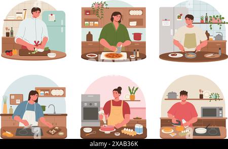 Die Leute kochen in der Küche. Kochen und Backen, individuelle Männer und Frauen Figuren, die Mahlzeiten vorbereiten, Illustrationsset. Stock Vektor