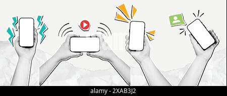Halbtonhand mit Smartphone-Modell. Handy-Bildschirm für gemischte Medien, Papierhände mit Vektorsatz für Geräte. Stock Vektor