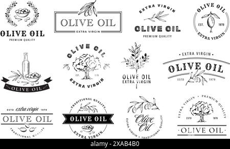 Emblem für Olivenöl. Handgezeichnete Etiketten für kosmetische Produkte mit extra nativem Öl oder Oliven mit isolierten Skizzenbäumen, Zweigen, Blättern und Oliven Stock Vektor