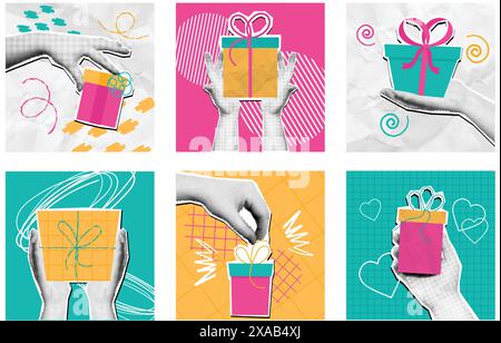 Gemischte Medien Hand mit Geschenken. Halbtonhände halten Geburtstagsgeschenkbox, Pop-Art-Geschenk mit Bändern und Schleifen. Vektorillustrationssatz. Stock Vektor