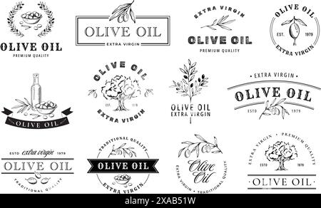 Emblem für Olivenöl. Handgezeichnete Etiketten für kosmetische Produkte mit extra nativem Öl oder Oliven mit isolierten Skizzenbäumen, Zweigen, Blättern und Oliven Stock Vektor