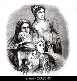 Holzstich der Frauen an der Kreuzigung aus der antiken Familienbibel des 19. Jahrhunderts Stockfoto