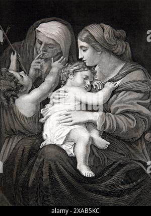 Holzgravierung von Elisabeth mit ihrem Sohn Johannes dem Täufer und der Jungfrau Maria und dem Jesuskind in der antiken, illustrierten Familienbibel des 19. Jahrhunderts Stockfoto