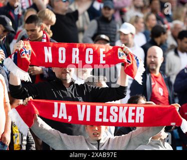 Oslo, Norwegen. Juni 2024. Oslo, Norwegen, 5. Juni 2024: Norwegische Unterstützer werden während des Internationalen Freundschaftsfußballspiels zwischen Norwegen und Kosovo im Ullevaal-Stadion in Oslo, Norwegen, gesehen. (ANE Frosaker/SPP) Credit: SPP Sport Press Photo. /Alamy Live News Stockfoto