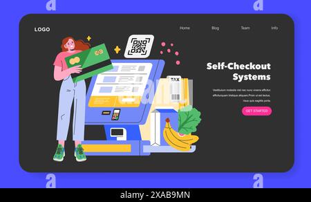 Digitale Zahlungstechnologie im Einzelhandel mit einem Käufer, der einen Selbstkassenautomaten auf einer Website verwendet. Vektorabbildung. Stock Vektor