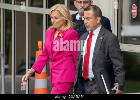 Wilmington, Usa. Juni 2024. First Lady Jill Biden verlässt das J. Caleb Boggs Federal Building am dritten Tag des Prozesses wegen der Anklage gegen Hunter Biden in Wilmington, DE, am Mittwoch, den 5. Juni 2024. Foto: Ken Cedeno/UPI. Quelle: UPI/Alamy Live News Stockfoto