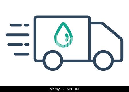 Symbol für Wasserzufuhr. Lkw mit Wassertropfen. Symbol für Verbrauchsmaterial. Liniensymbolstil. Vektordarstellung der Wasserversorgungselemente Stock Vektor