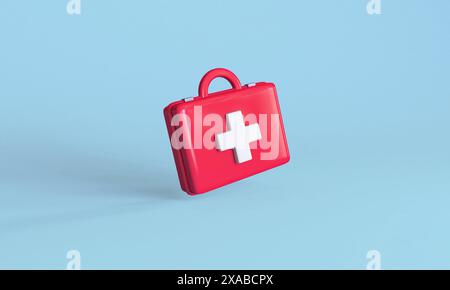 3D-Illustration eines roten Verbandskastens mit weißem Kreuz auf hellblauem Hintergrund, das die medizinische Notfallversorgung symbolisiert. Stockfoto