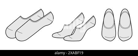 Längenset für Fuß, No-Show-Socken. Mode Strumpfwaren Accessoire Kleidung technische Illustration Strumpf. Vektorfront, Seitenansichtstyp, CAD-Modellskizze mit flacher Vorlage isoliert auf weißem Hintergrund Stock Vektor