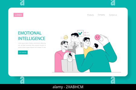 Emotionale Intelligenz. Illustration auf einer Website, die einen Workshop zum Erkennen von Emotionen mit verschiedenen Teilnehmern zeigt. Menschen bewerten Emotionen mit visuellen Symbolen. Vektorabbildung. Stock Vektor