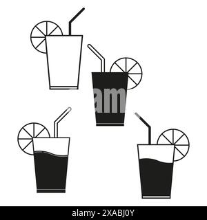Trinken Sie mit Strohhalm. Zitrusscheiben garnieren. Erfrischendes Getränk. Vektorsymbole. Stock Vektor