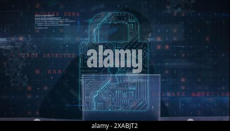 Bild von mehreren Computerbildschirmen, Vorhängeschloss für die Online-Sicherheit über Hacker, die Computer verwenden Stockfoto