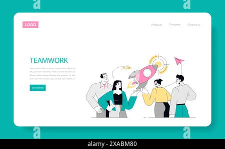 Teamwork-Konzept. Abbildung eines kollaborativen Teams, das gemeinsam eine Rakete startet, die Einheit und gemeinsame Ziele repräsentiert. Vektorabbildung. Stock Vektor
