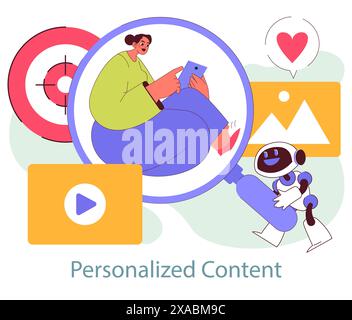 Immersives Marketingkonzept. Ein Benutzer genießt gezielte Inhalte, die von KI auf digitalen Plattformen bereitgestellt werden. Ansprechende, personalisierte Benutzererfahrung. Vektorabbildung. Stock Vektor