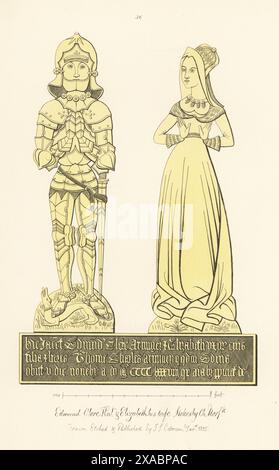 Edmund Clere und Ehefrau Elizabeth, 1488. Ritter in Rüstung, Salathelm, Mentonier oder Kinnschutz, windhund zu seinen Füßen. Ehefrau in Kopfschmuck und Gewand, mit markanter Halskette. Memorial Messing in St. Andrew's Church, Stokesby, Norfolk. Handgetönter Kupferstich gezeichnet, geätzt und veröffentlicht von John Sell Cotman in Gravuren der bemerkenswertesten Grabbläser in Norfolk, Henry Bohn, London, 1818. Stockfoto