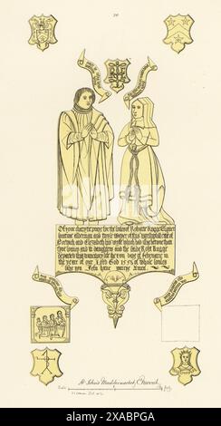 Robert Rugge, Sheriff und Bürgermeister von Norwich, und Ehefrau Elizabeth, 1558. Mann im Bürgermeistergewand, Frau in Giebelhaube und Kleid mit geknüpftem Gürtel. Vier Söhne in spanischem Stil geschnittene Hosen. Memorial Messing in St. John's Maddermarket Church, Norwich, Norfolk. Handgetönter Kupferstich gezeichnet, geätzt und veröffentlicht von John Sell Cotman in Gravuren der bemerkenswertesten Grabbläser in Norfolk, Henry Bohn, London, 1818. Stockfoto