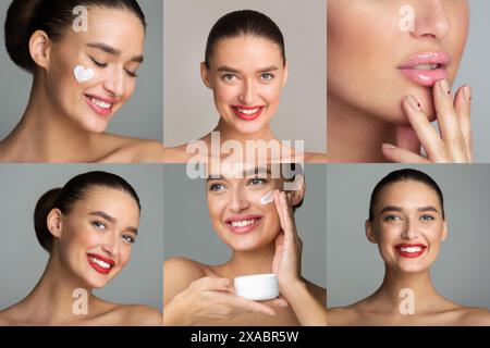 Junge Frau, die Gesichtscreme und Lip Gloss aufträgt Stockfoto