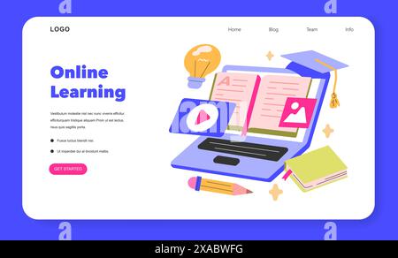 Online-Learning-Konzept Eine lebendige Anzeige von E-Learning-Tools, von Laptops bis zu E-Books, symbolisiert die neue Ära der digitalen Bildung Wissen auf Knopfdruck Vektorillustration Stock Vektor