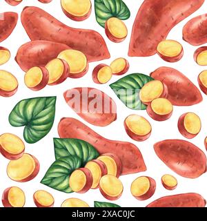 Süßkartoffeln nahtloses Muster auf weißem Hintergrund. Babat handgezeichnetes Gemüse für den Druck und das Design von Verpackungen, Produkten, Chips und Stoffen Stockfoto