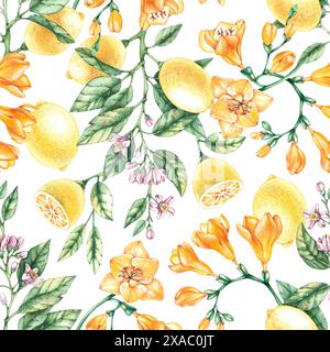 Aquarellfarben mit Zitronen-Freesie-Blüten. Zitronenmuster. Freesiemuster. Blühendes Muster für Textilien, Stoffe, Drucke, Kleidung, Tapeten Stockfoto