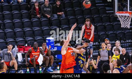 James Karnick (13) gewinnt im CEBL-Spiel 2024 beim Heimauftakt gegen die Vancouver Bandits mit 2 Punkten über Edmonton (g) Jacobs Evans III. Vancouver Bandits (4-1) 93 - 91 Edmonton Stingers (4-1) Ort: Edmonton Expo Centre, Edmonton ab, Kanada - 4. Juni 2024 16:00 Uhr Edmonton erlitt ihre erste Niederlage der Saison gegen die Vancouver Bandits 93-91 und brachte die Stinger in einem Zweiwegestreit um den ersten Platz. Edmonton Stinger Davion Warren führte alle Torschützen mit 23 Punkten an und ist derzeit der 7. Platz in der Liga. Stockfoto