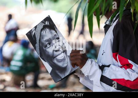 Nairobi, Kenia. Juni 2024. Ein Porträt des Friedensnobelpreisträgers, Umweltschützers und Menschenrechtsaktivisten Wangari Maathai 2004, vor einer Baumpflanzübung während einer Veranstaltung anlässlich des Weltumwelttages 2024 im Kiamaiko-Slum in Nairobi, Kenia, am 5. Juni 2024. (Foto: Boniface Muthoni/SOPA Images/SIPA USA) Credit: SIPA USA/Alamy Live News Stockfoto