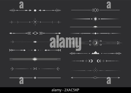 Silberne himmlische Trennwand mit dünnem Rand. Sammlungsstamm mit Mond, Sternen und Pfeilen mystische Trennzeichen. Modernes Ornament minimales Set isoliert auf dunklem Hintergrund. Vektorabbildung Stock Vektor