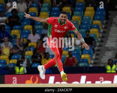 Bridgetown, Barbados. Juni 2024. ICC T20 World Cup 2024 – Australien gegen Oman Oman Kaleemullah spricht sich an, als Australien im Kensington Oval, Bridgetown, Barbados, gegen Oman antritt. Quelle: Ian Jacobs/Alamy Live News Stockfoto