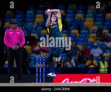 Bridgetown, Barbados. Juni 2024. ICC T20 World Cup 2024 - Australien gegen Oman Australien die Nathan Ellis Bowls in Australien nehmen im Kensington Oval, Bridgetown, Barbados, gegen Oman auf. Quelle: Ian Jacobs/Alamy Live News Stockfoto