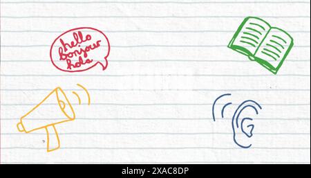 Bild von farbenfrohen Symbolen für Schulartikel auf weißem Hintergrund Stockfoto